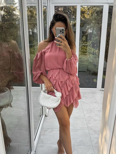 Cutout Puff Sleeve Ruffle Short Dress