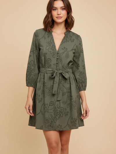 Green Short Cotton Dress with Belt by EXCLUSIVES, dresses on sale