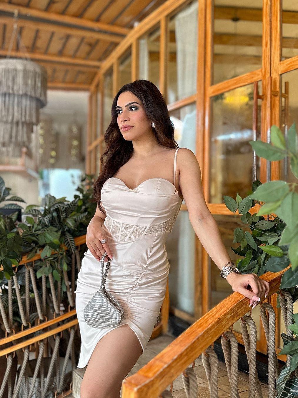 ivory satin balcony corset dress Clothing : Bodycon Dresses : 'Reva' Ivory Satin Balcony Corset Dress