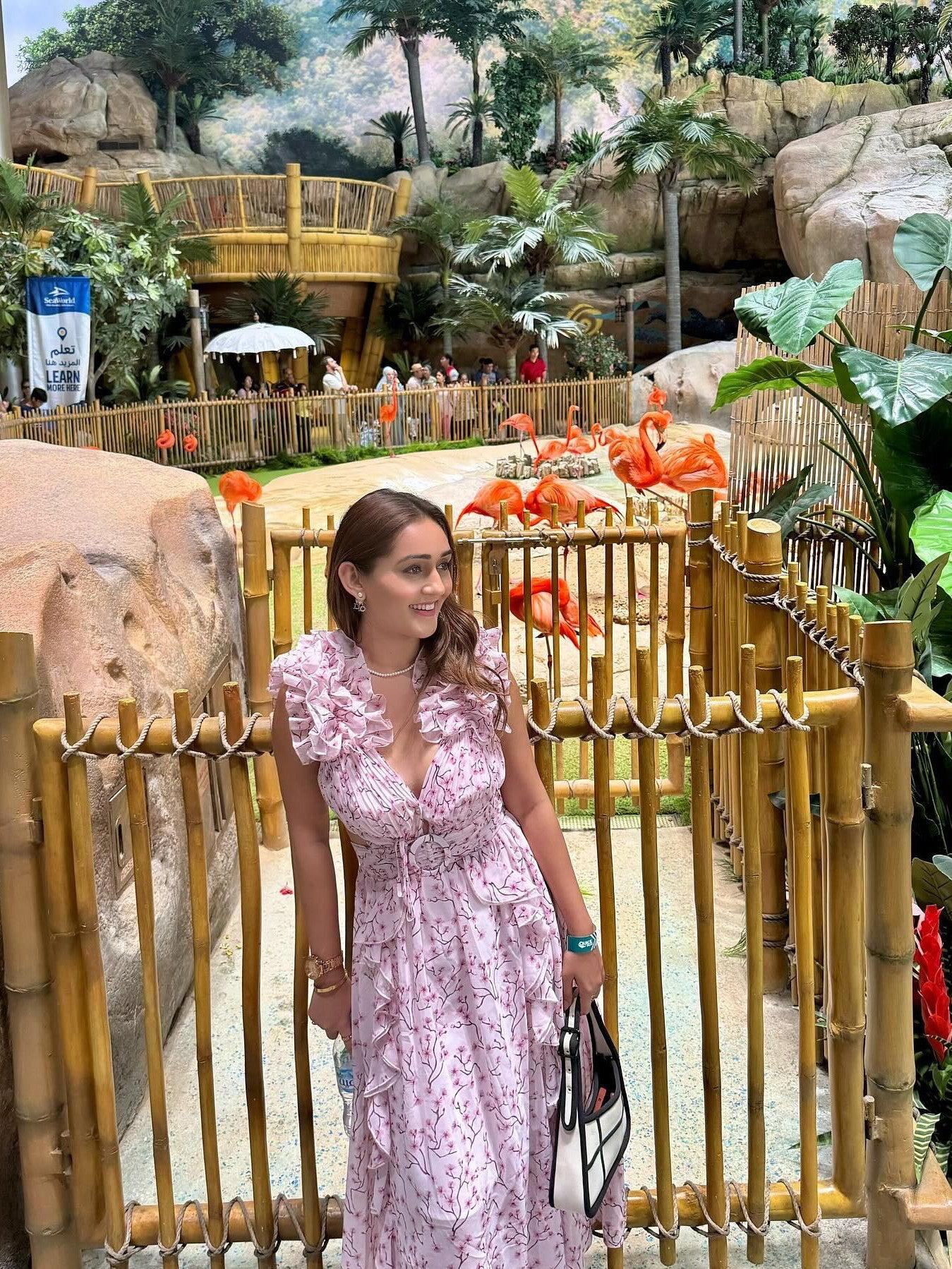 Floral Print Hollow Out Cutout Deep V Plunge Ruffled Backless Dress