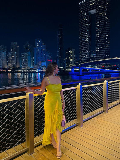 Asmi Spaghetti Strap Ruched Ruffle Dress