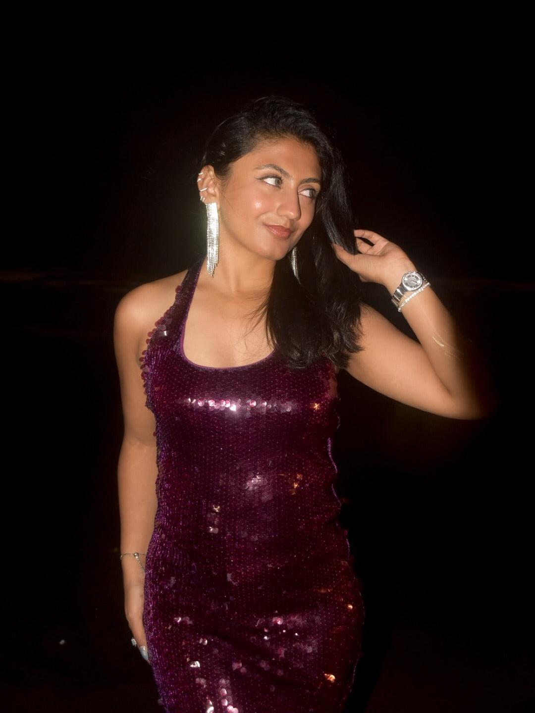 Burgundy Halterneck Sequins Slit Dress