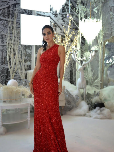 High Slit Cutout One Shoulder Sequins Maxi Dress