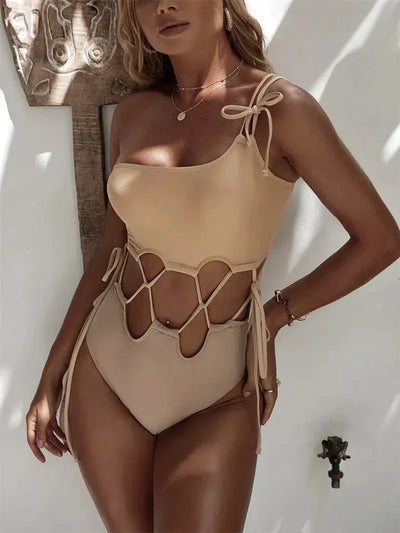 One Shoulder Cutout Tied Bikini Swimsuit