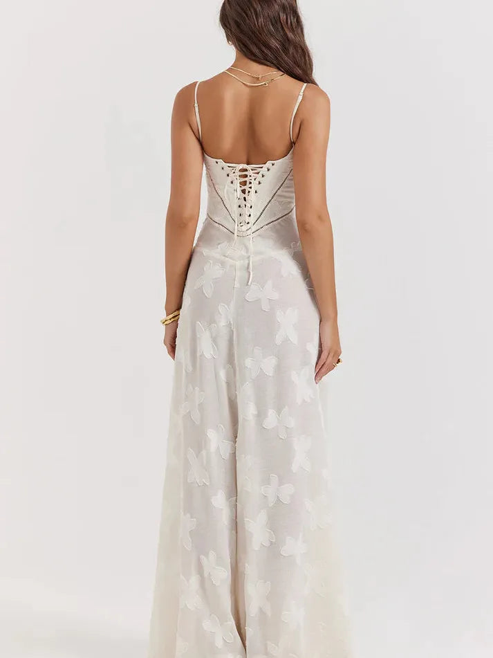 Jacquard Print Hollow Out Lace up Back Maxi Dress