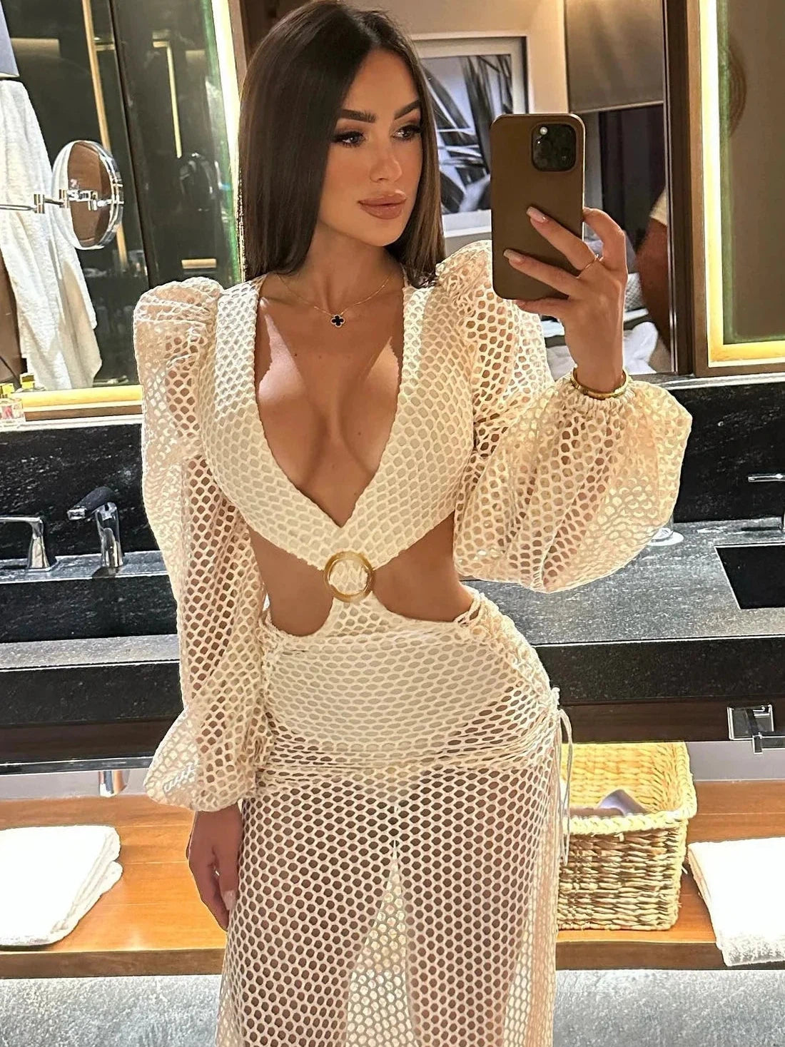 Crochet Cutout Buckle Bodysuit & Skirt Swimsuit Set