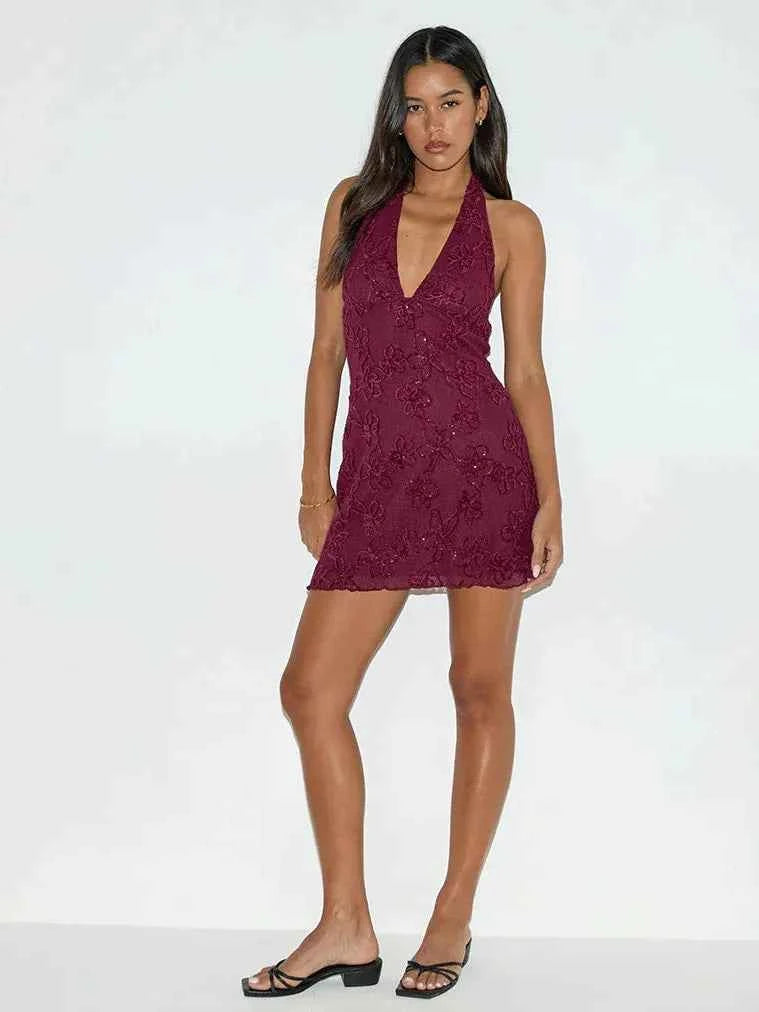 Floral Lace Halter Mini Dress