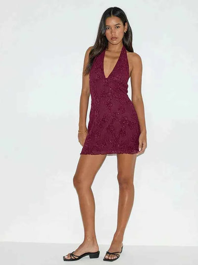 Floral Lace Halter Mini Dress