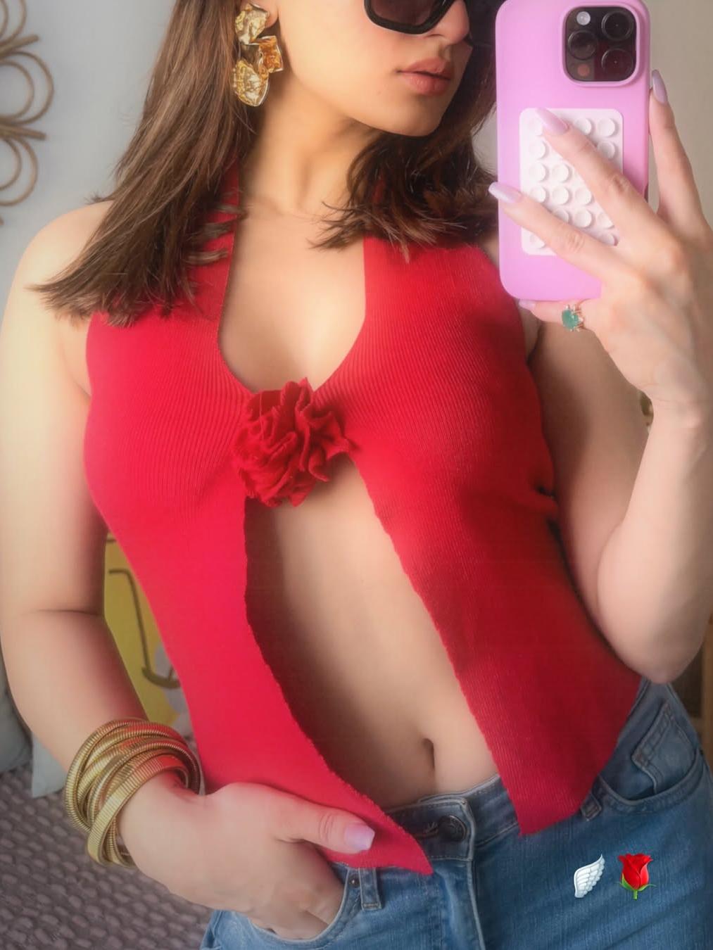 Halterneck Flower Applique Cutout Top