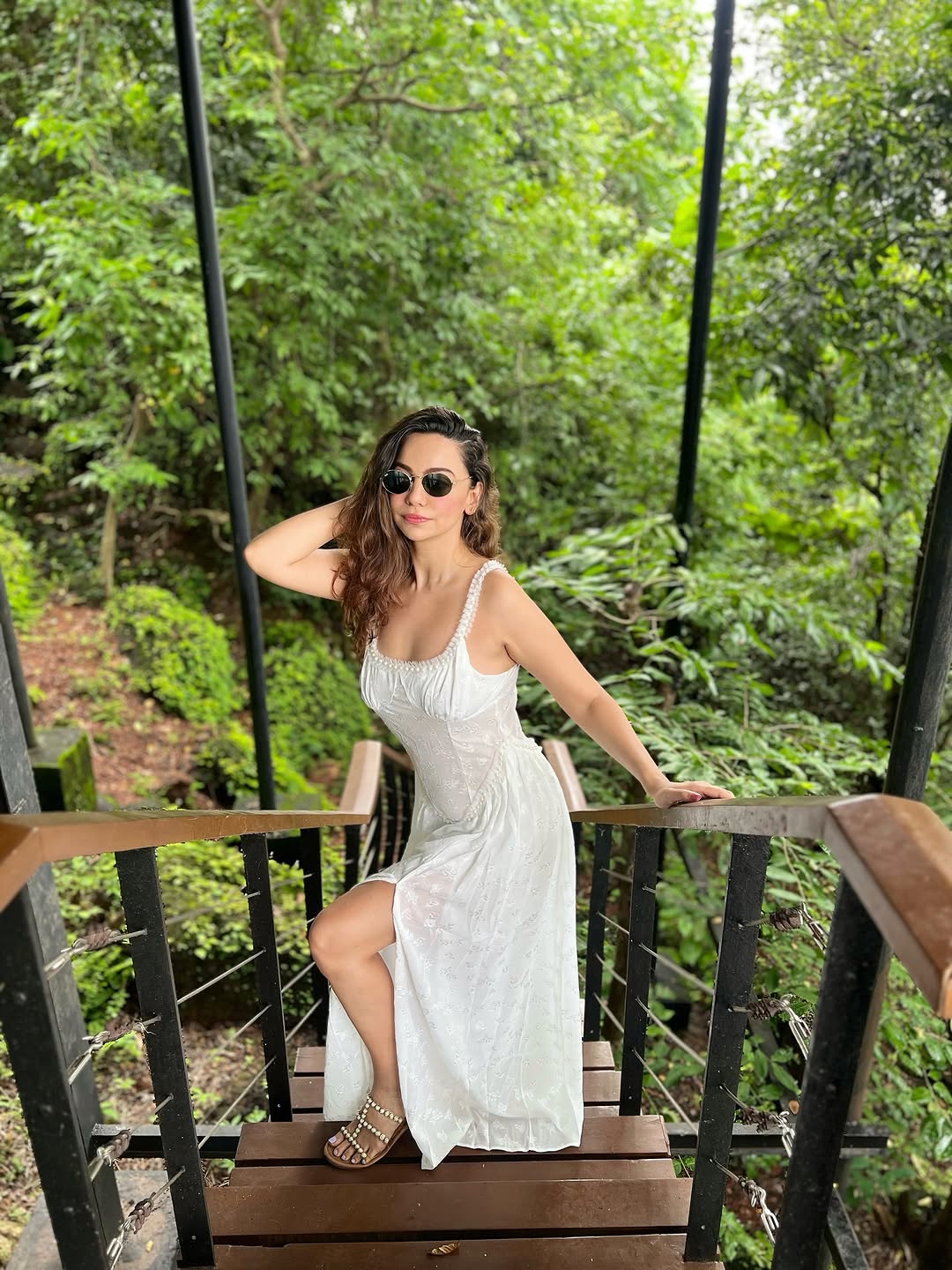 Pearl Beaded Square Neck Jacquard Textured High Slit Maxi Dress