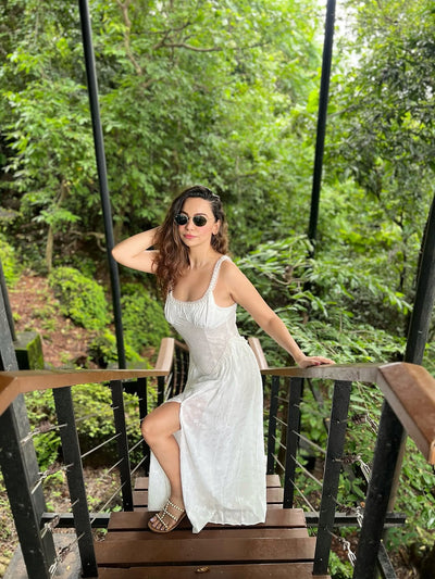 Pearl Beaded Square Neck Jacquard Textured High Slit Maxi Dress