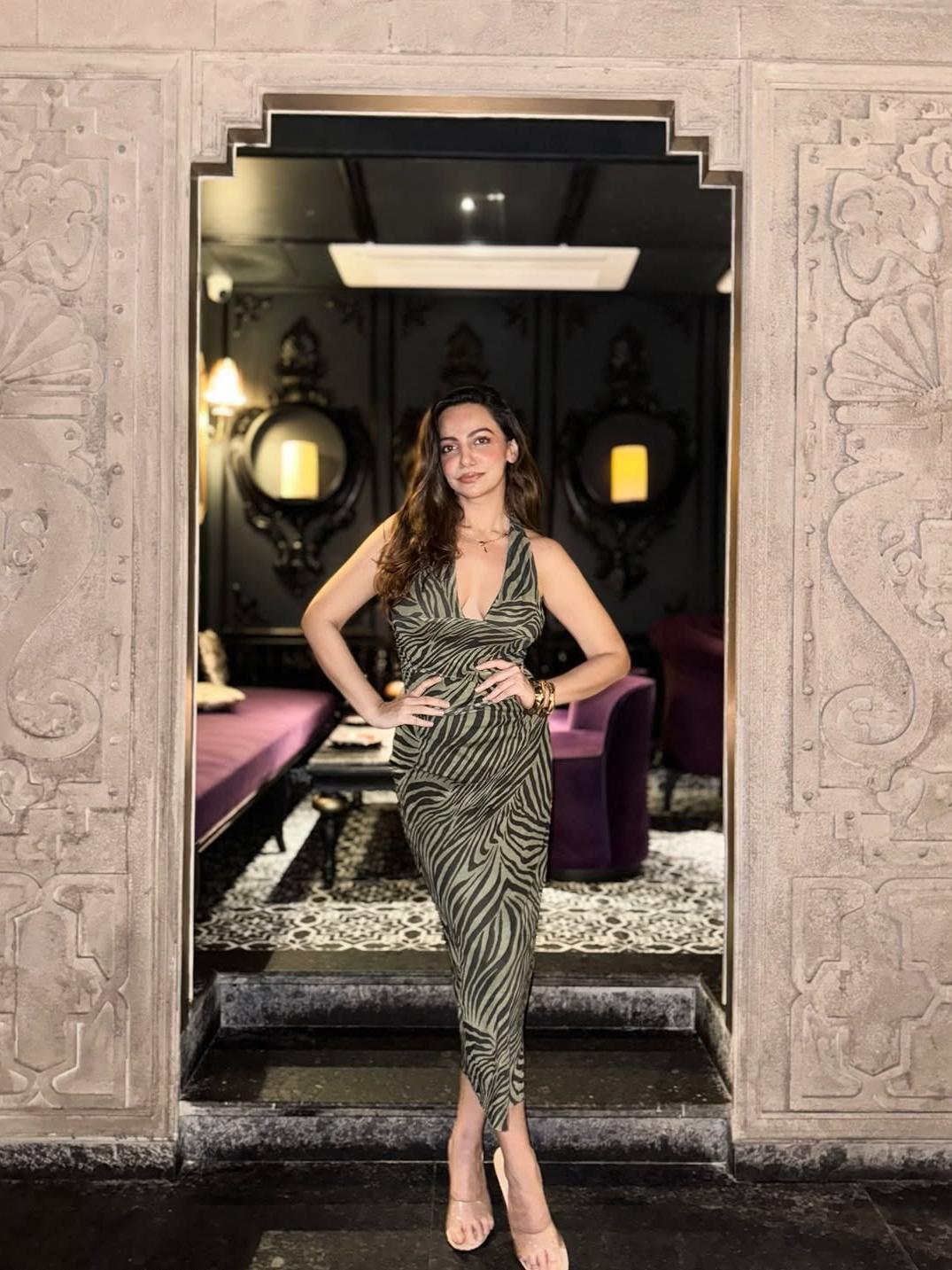 Animal Print Halterneck Backless Ruched Dress