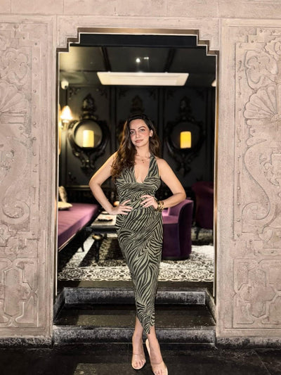 Animal Print Halterneck Backless Ruched Dress