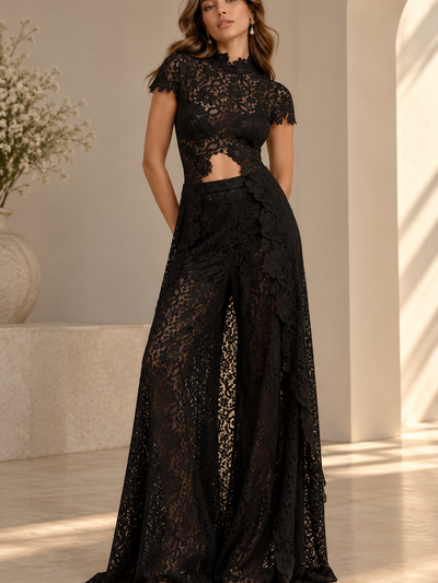 Celeste Lace Wide-Leg Co-ord Set by EXCLUSIVES, two-piece black lace crop top and wide-leg pants