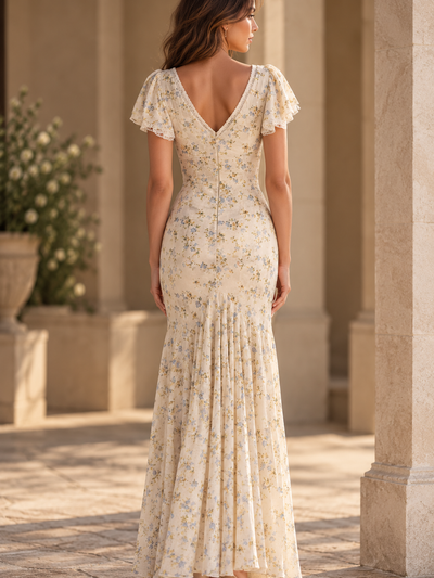 Juliette Floral Maxi Dress, ivory floral print with flutter sleeves and back V-cut