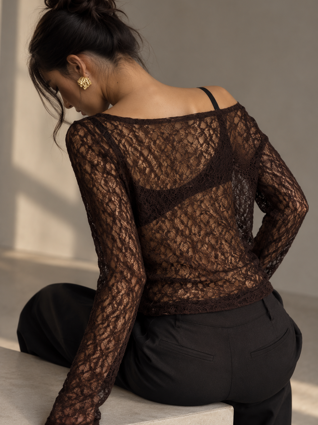 Vesper Off-Shoulder Lace Top by EXCLUSIVES, brown lace blouse with long sleeves on sale