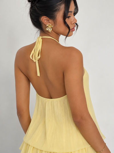 Amalfi Flower Halter Mini Dress, pale yellow halter neckline with open back and flowing fabric