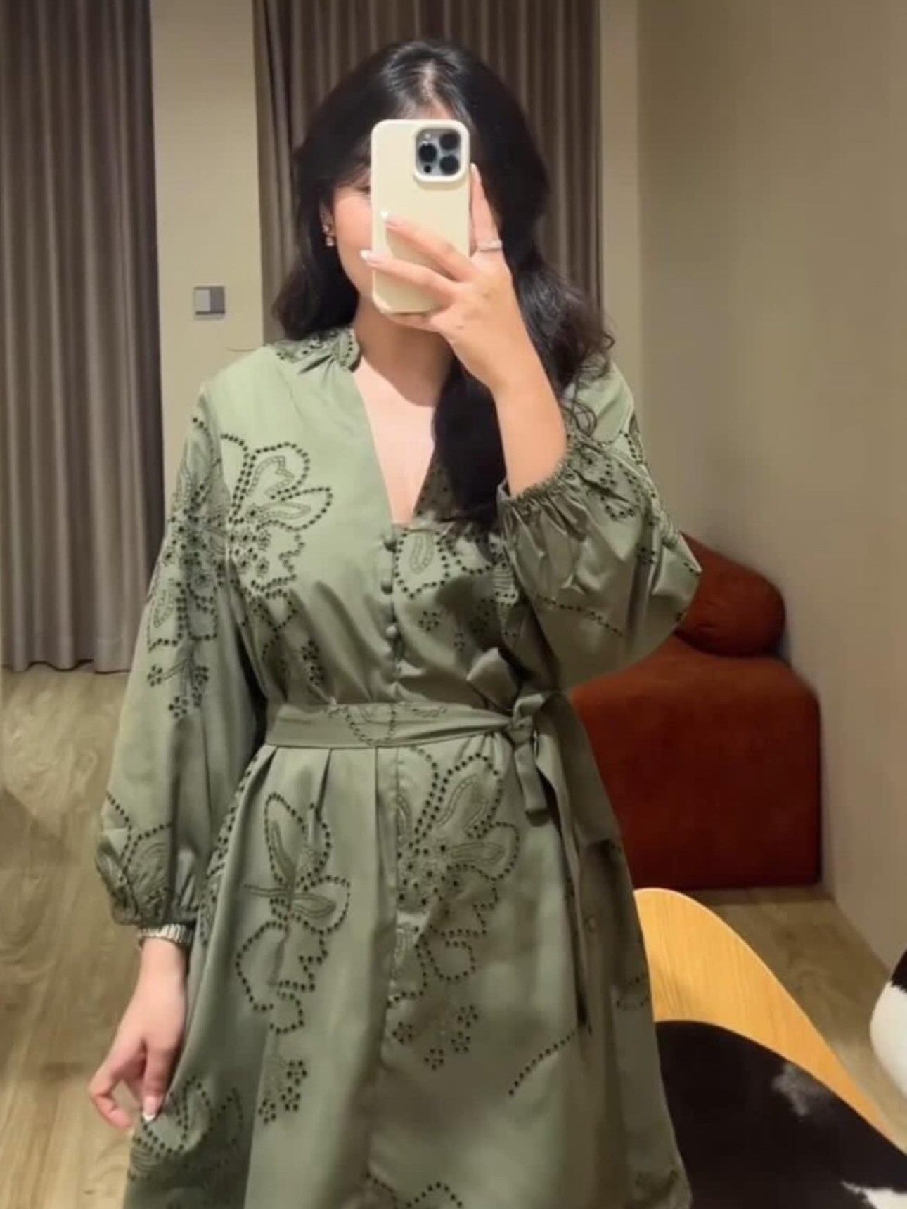 Green Short Cotton Dress with Belt