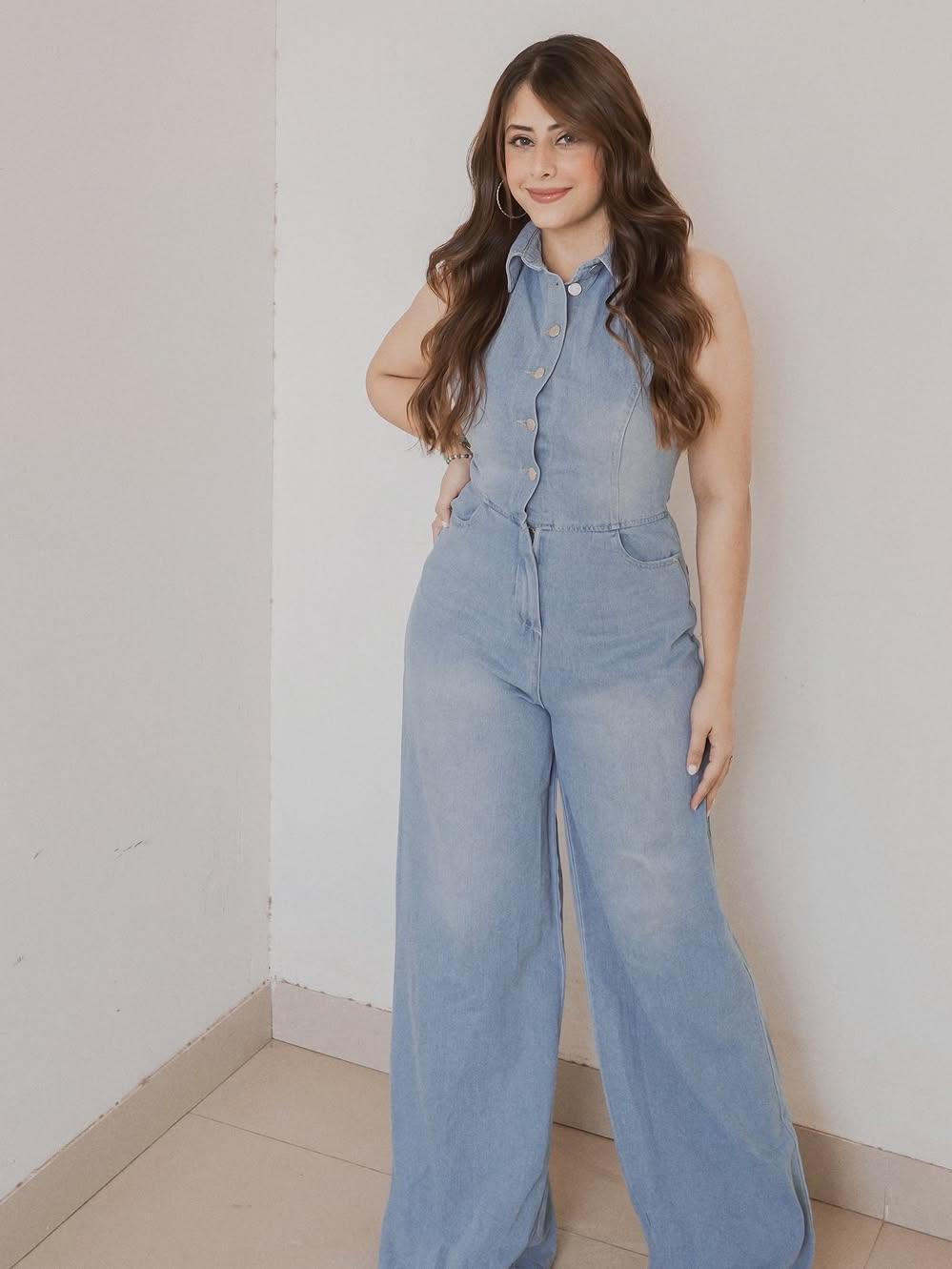 Halterneck Backless Denim Jumpsuit