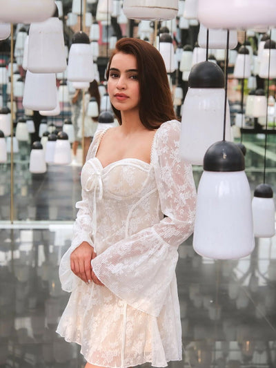 Nesa Lace Boning Corset Bell Sleevees Short Dress