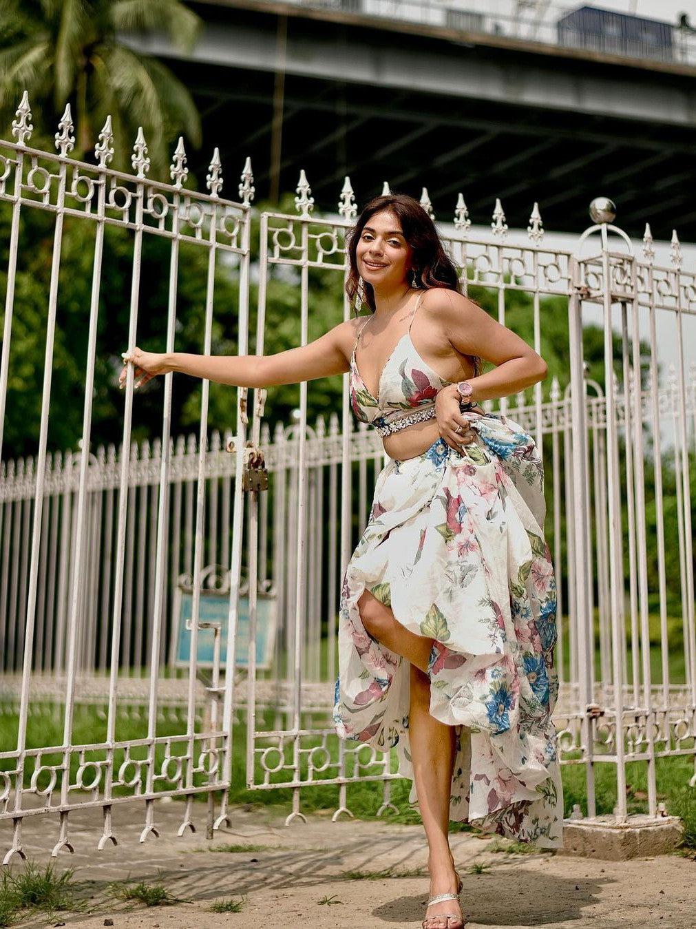 Floral Print Crystal Bralette & Ruffles Skirt Coord Set