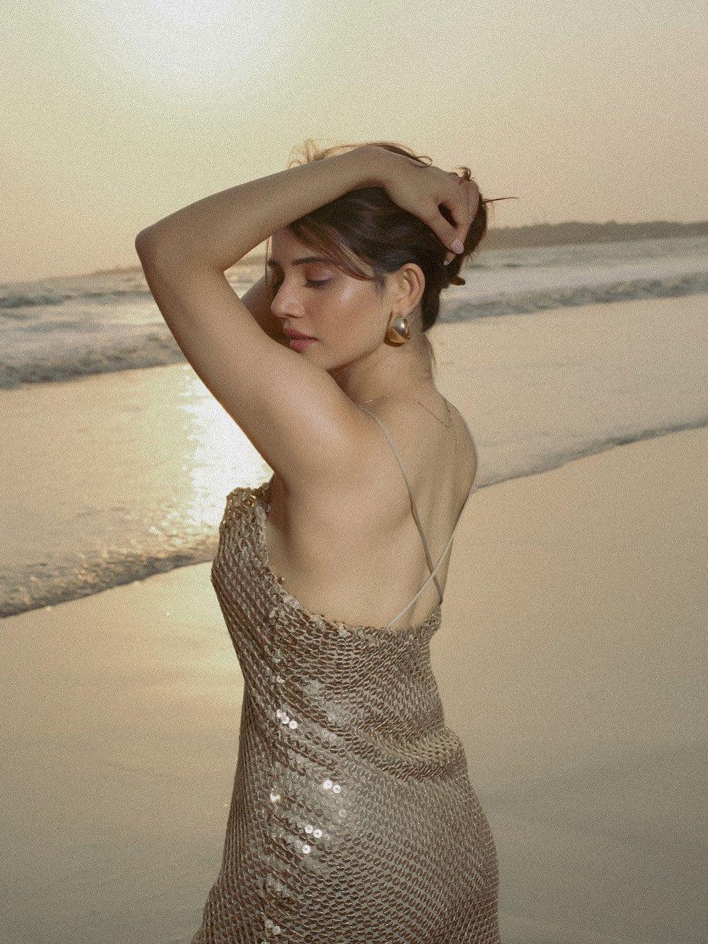 Sequins Spaghetti Strap Cowl Neck Backless Midi Dress