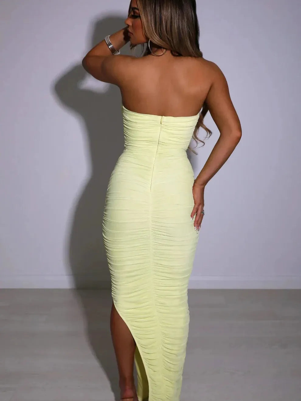 Ethereal Ruched Strapless Bodycon Midi Dress