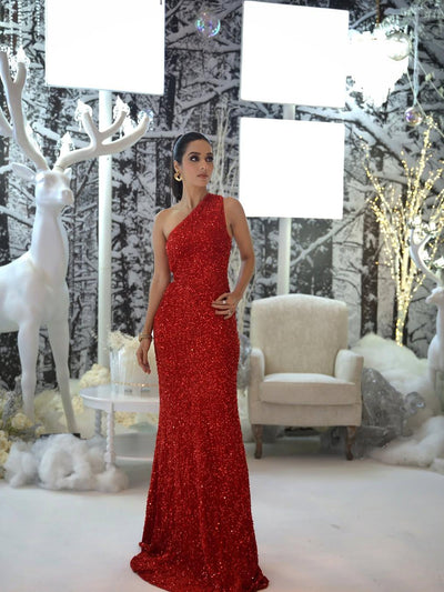 High Slit Cutout One Shoulder Sequins Maxi Dress