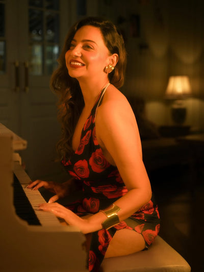 Rose Print Halterneck Backless Slit Maxi Dress