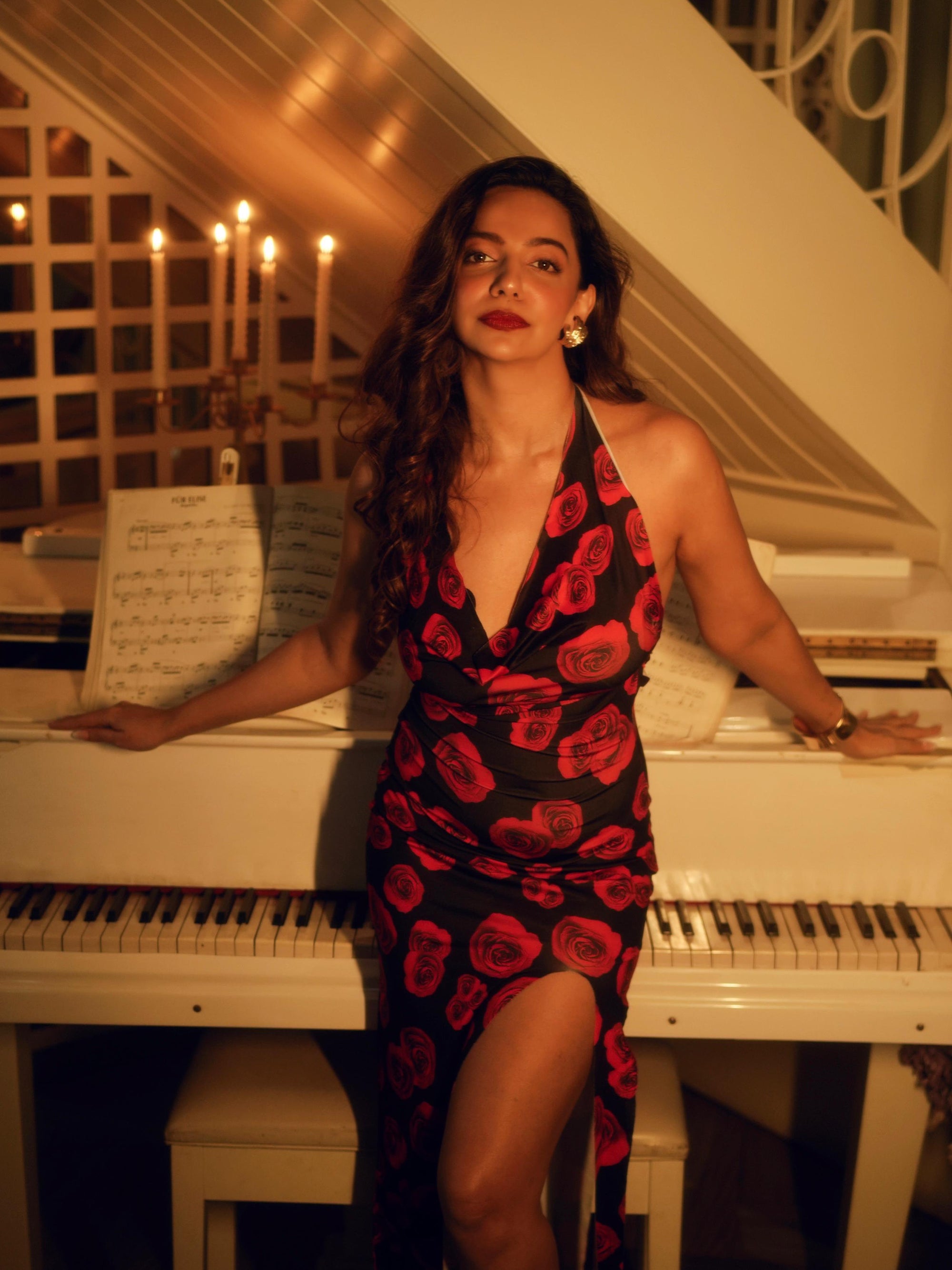 Rose Print Halterneck Backless Slit Maxi Dress