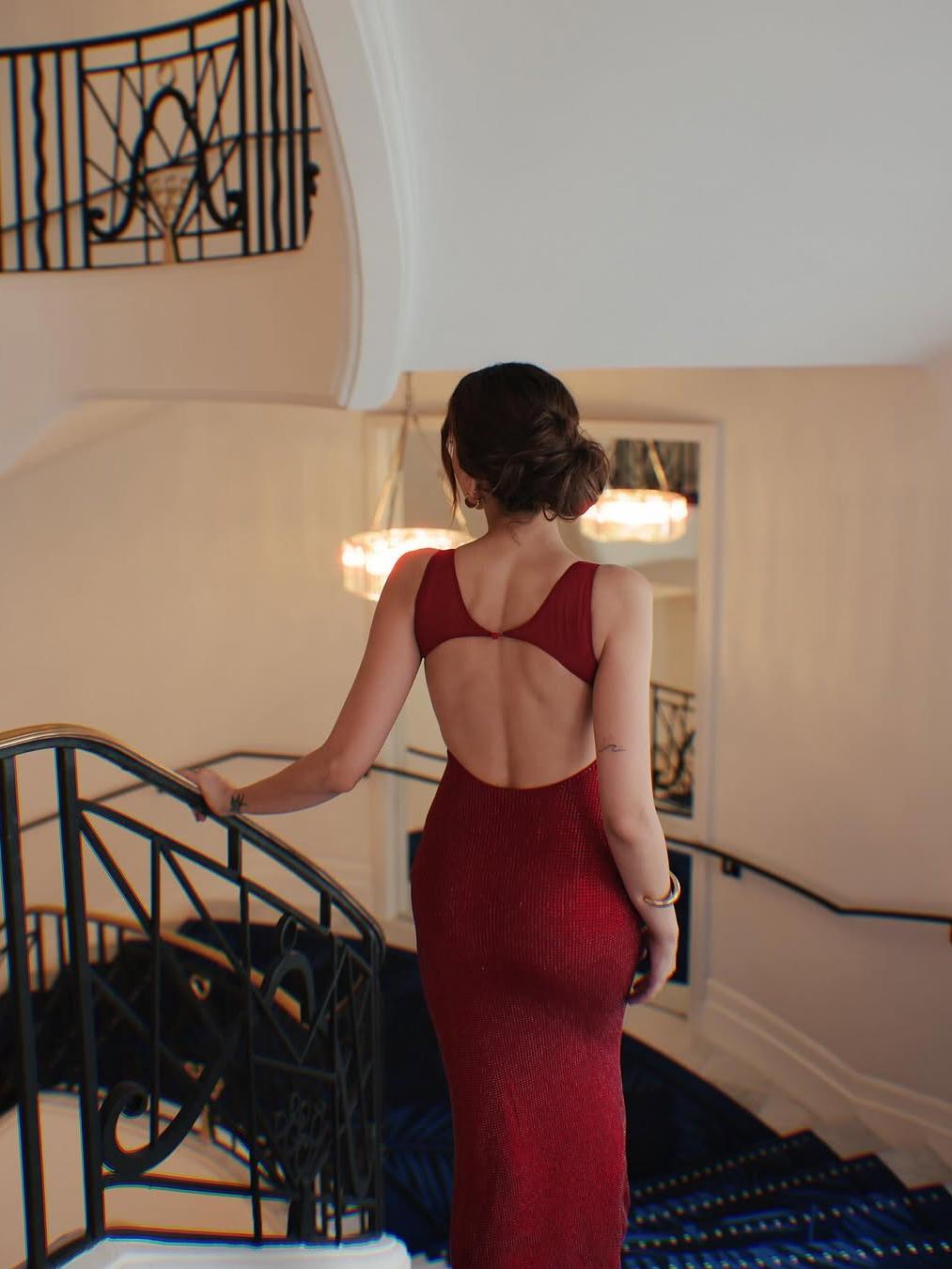 Scoop Neckline Backless Rhinestone Mesh Dress