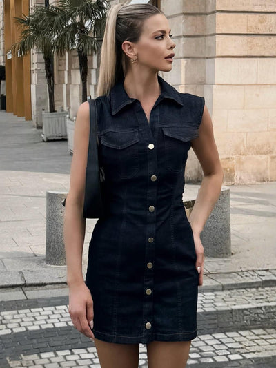 Midnight Sleeveless Button-Front Denim Mini Dress in dark indigo with a collared neckline