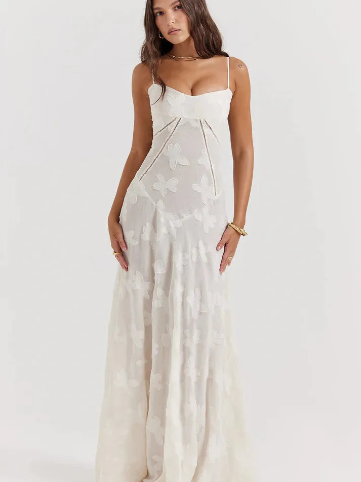 Jacquard Print Hollow Out Lace up Back Maxi Dress