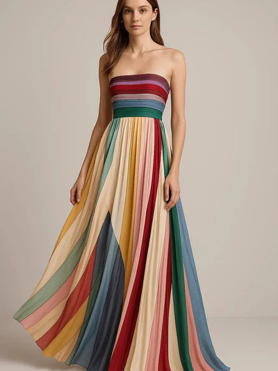 Rainbow Pleated Strapless Tube Maxi Dress with multicolor pleated skirt and fitted waist.
