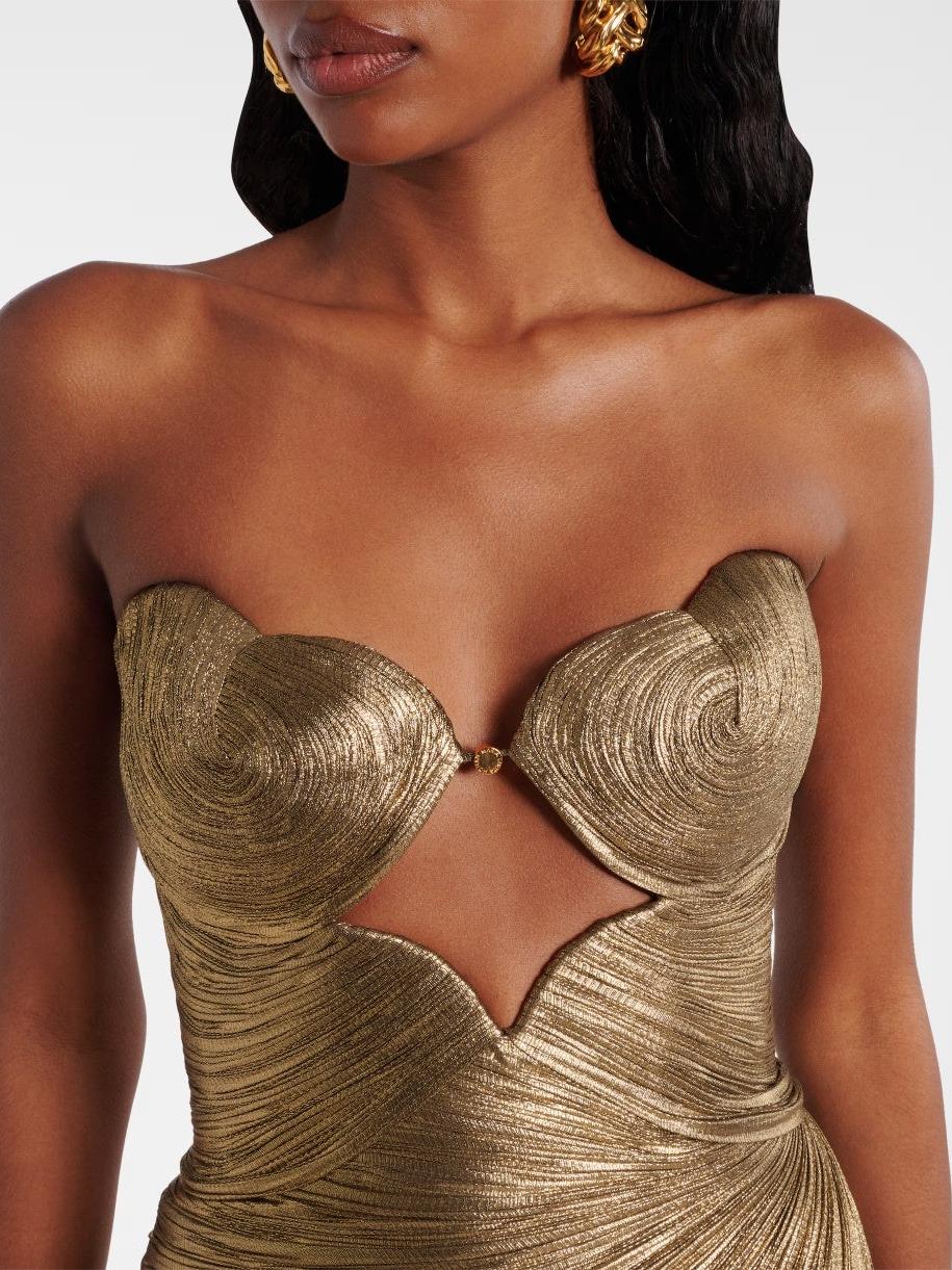 Gold metallic pleated strapless maxi dress with sweetheart cups and a center V-cutout.