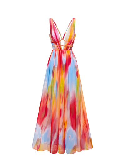 Colorful watercolor rainbow maxi dress with a plunging V-neck, studded cut-out detailing at the bodice and waist, flowing long skirt.