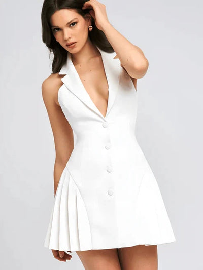 Halterneck Lapel Collar V Neck Backless Ruffle Short Dress