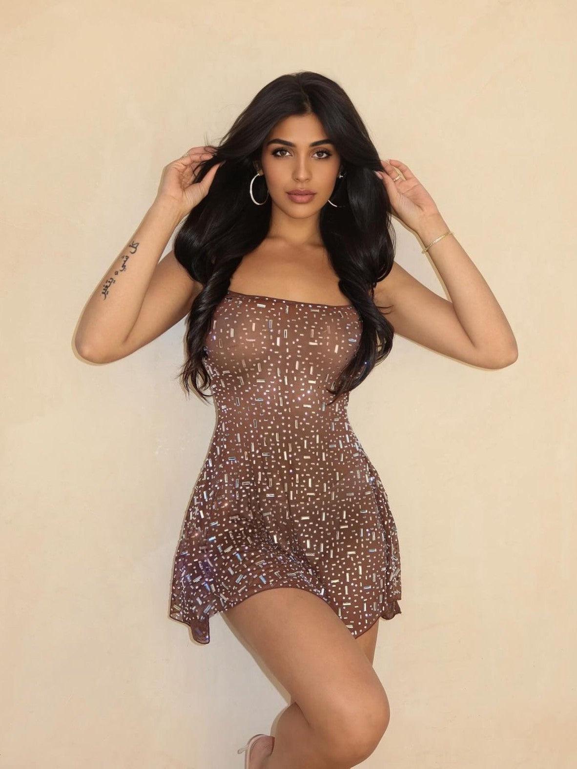 Rhinestone Semi See Through Strap Short Dress