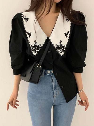 Black & White Embroidered Collar Blouse