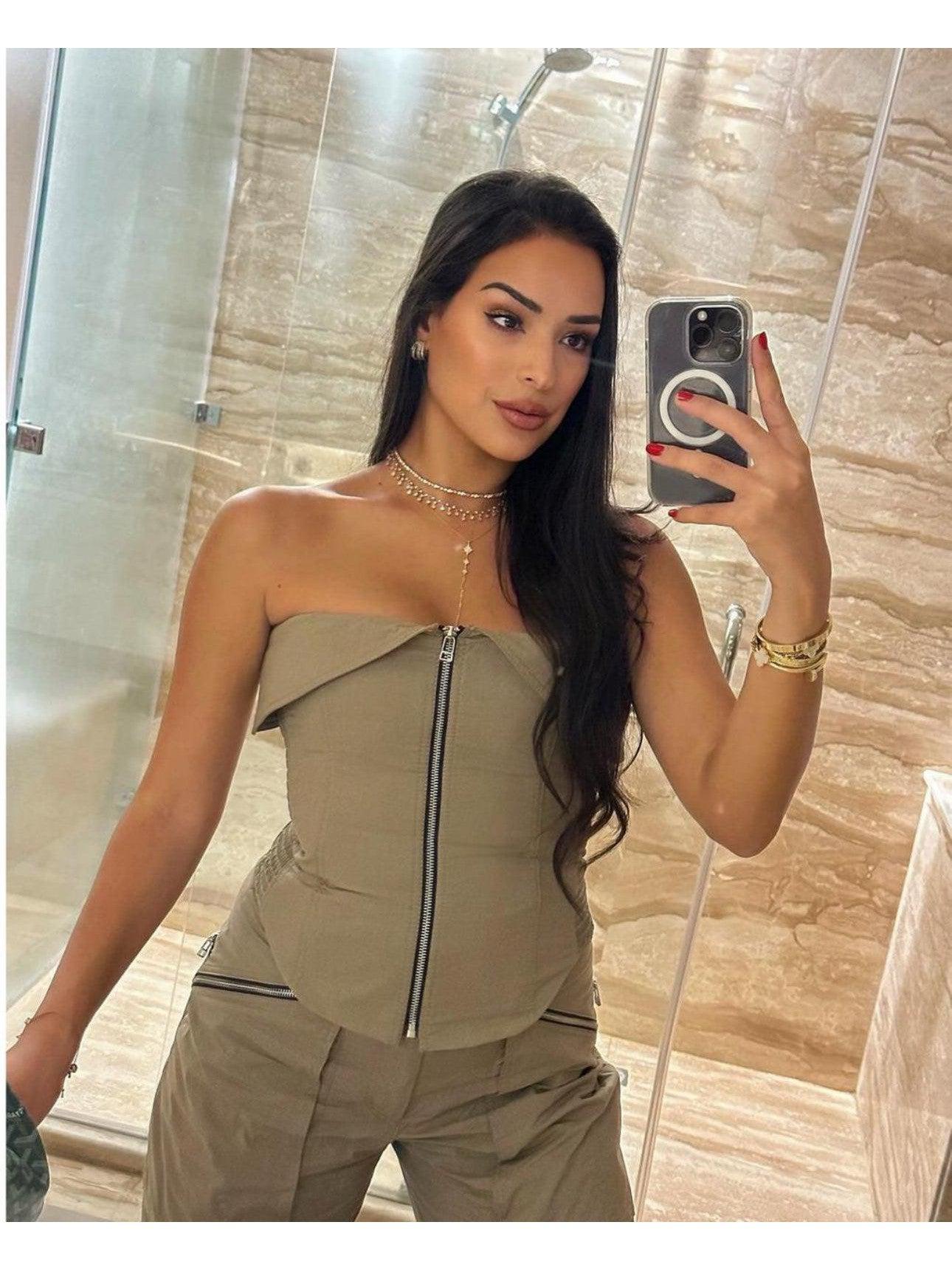 Zipper Tube Fold Top & Cargo Pants Coord Set