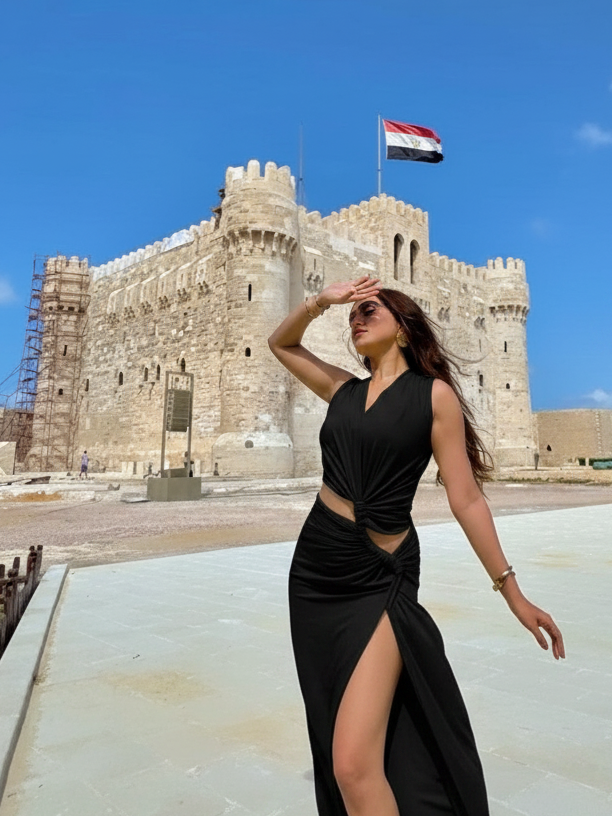 Deep V-neck hollow-out cutout maxi dress in black with a high slit