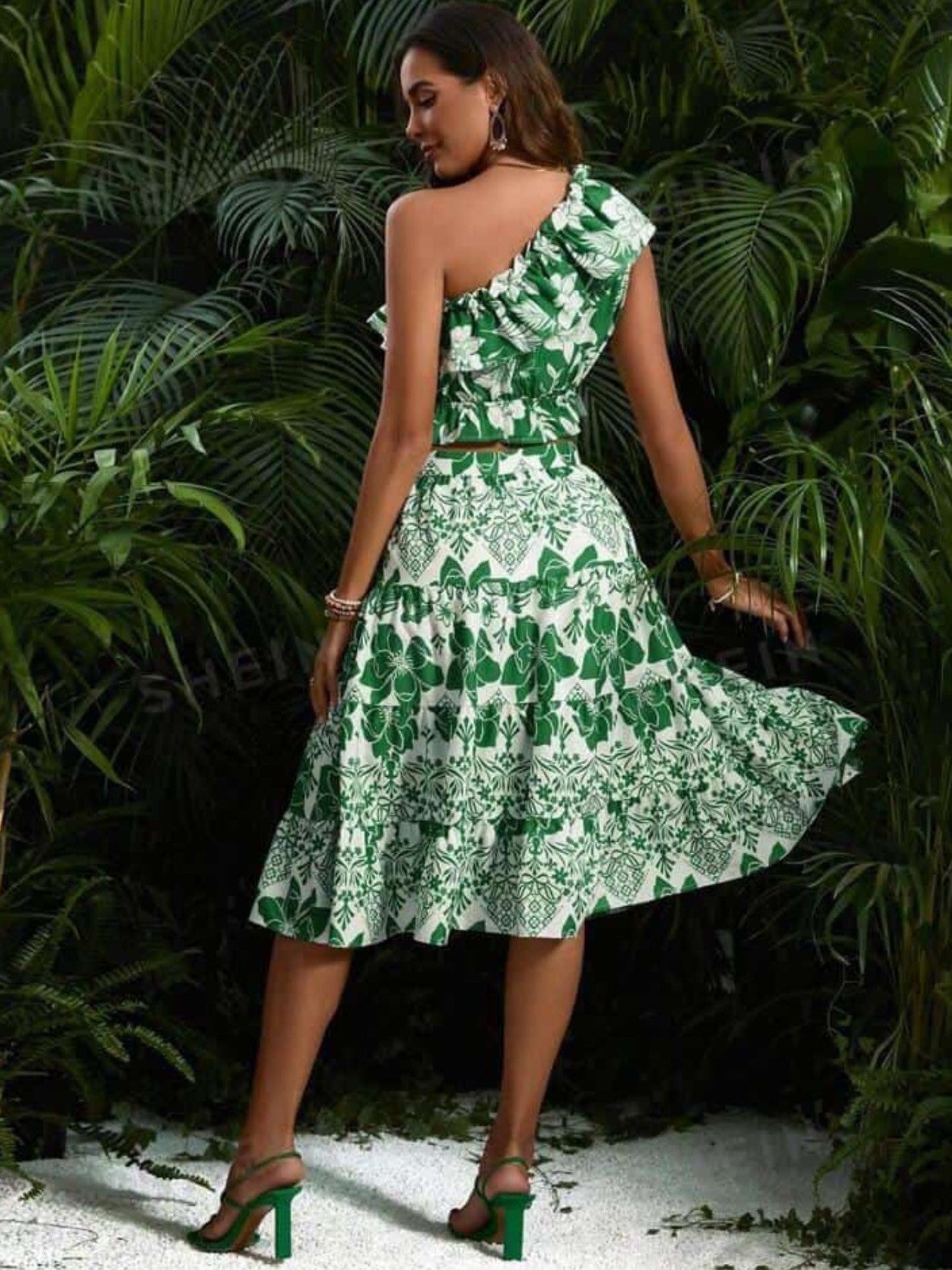 Green One Shoulder Crop Top & Skirt Coord Set