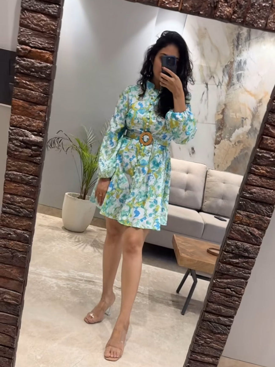 Floral Print Short A Line Dress with Belt