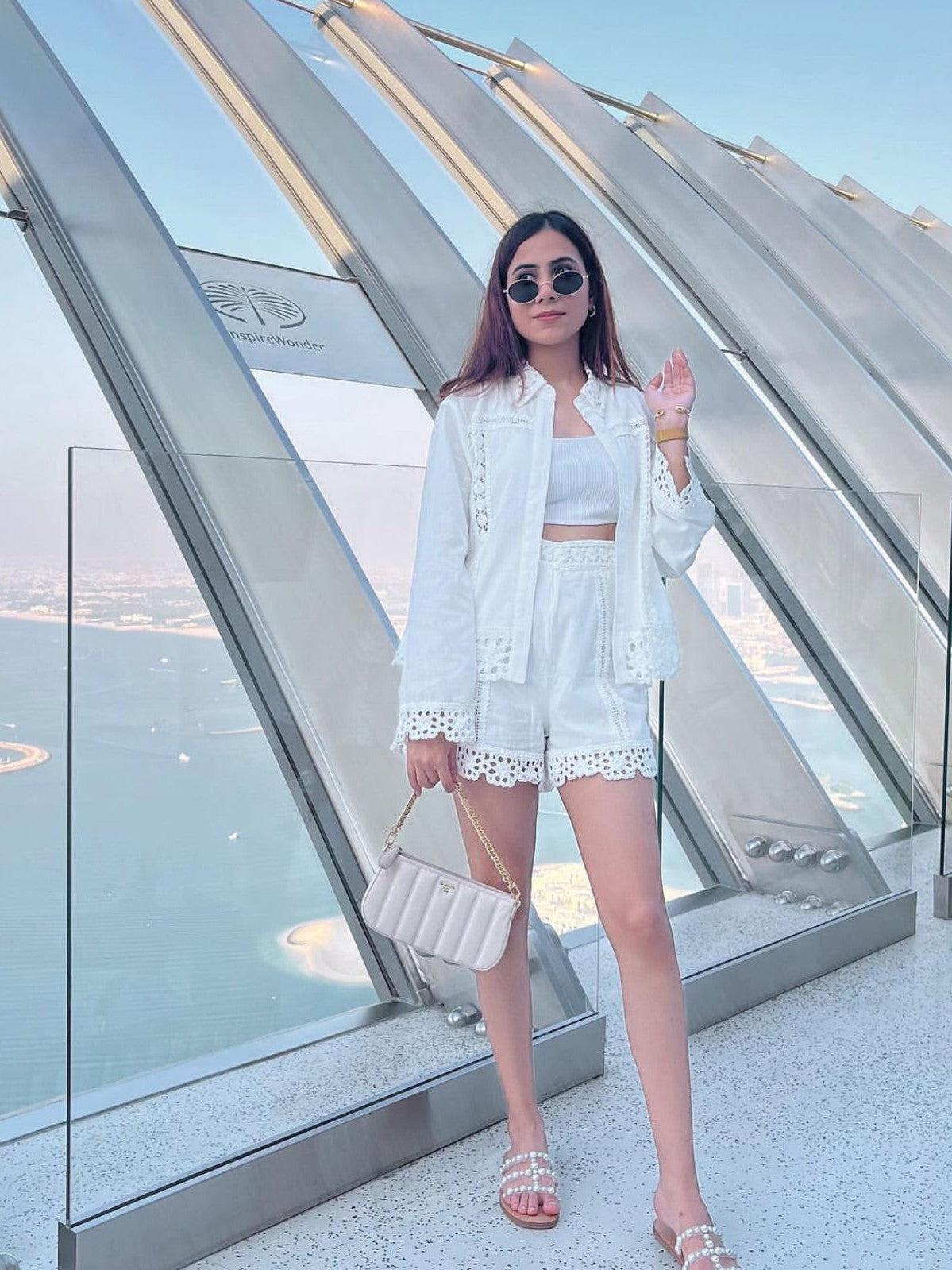 White Crochet Shirt and Shorts Coord Set