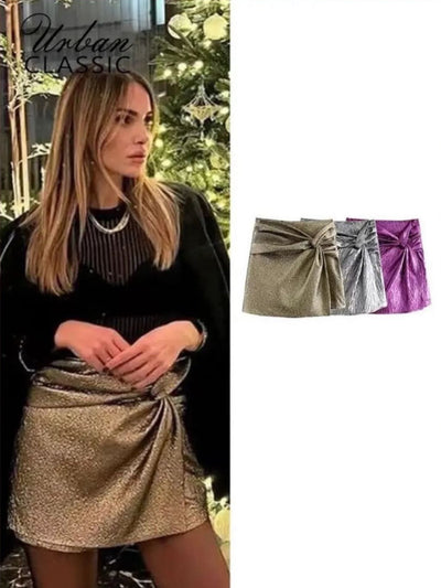 Metallic Pleated Short Wrap Skirt