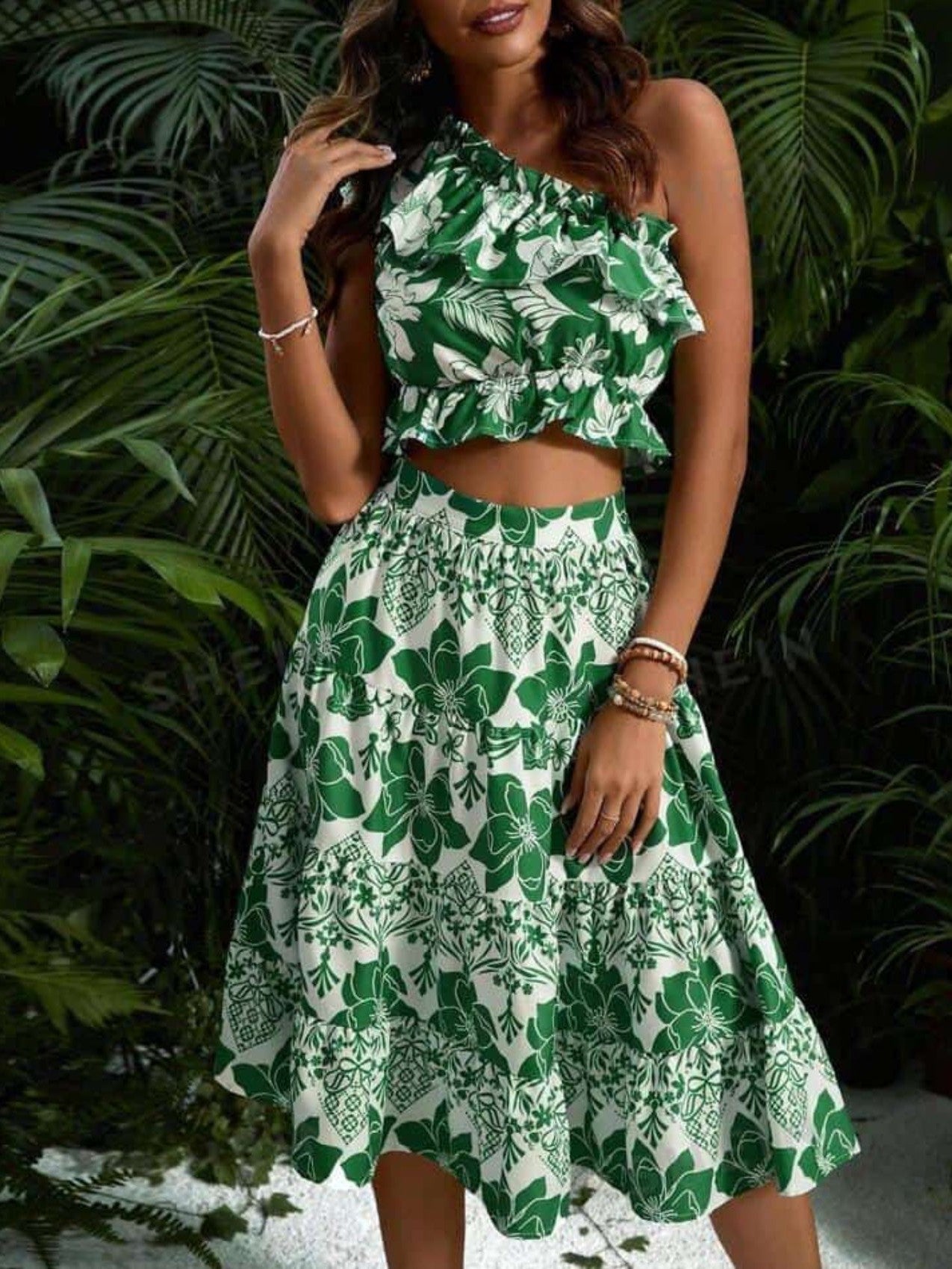 Green One Shoulder Crop Top & Skirt Coord Set