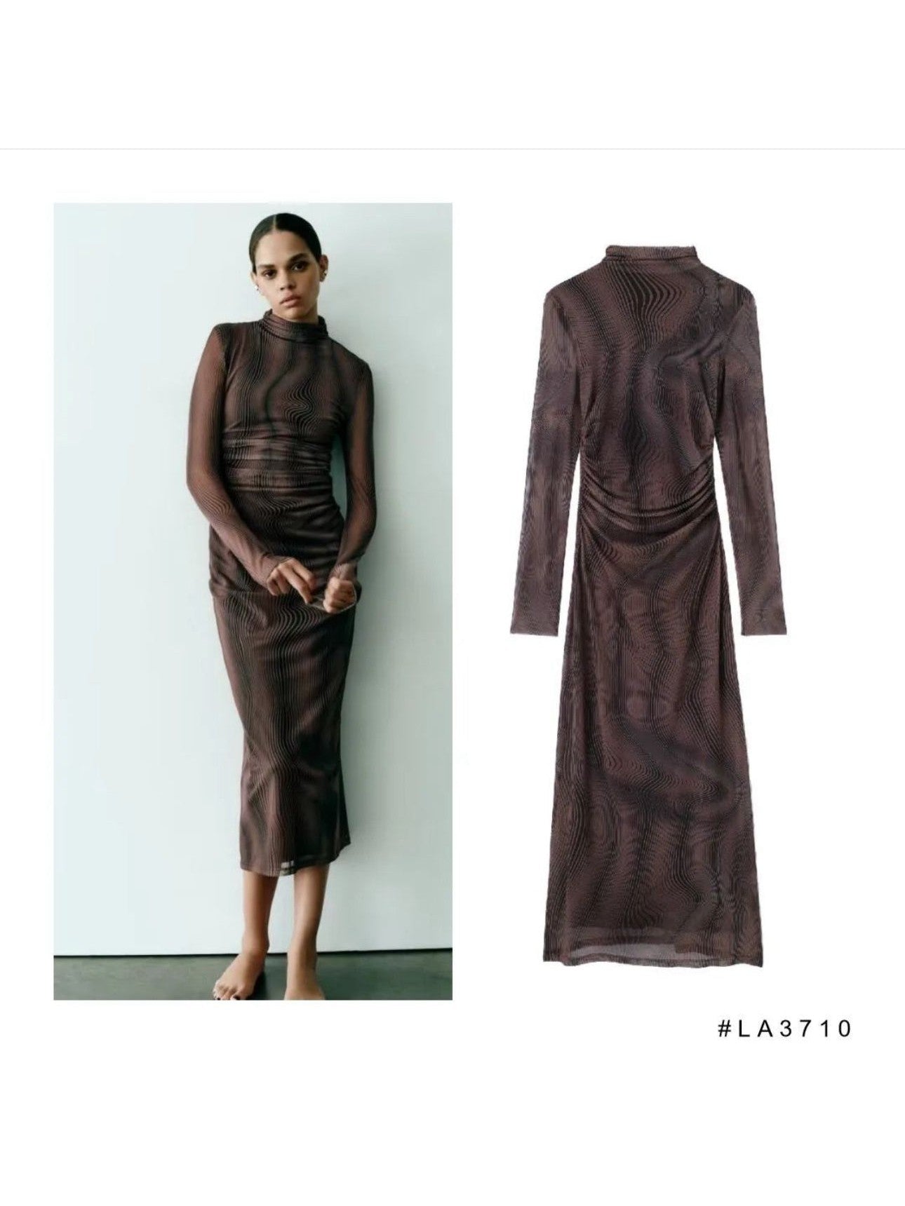 Brown tie-dye print mesh dress with high neck, sheer long sleeves and ruched waist; midi-length.