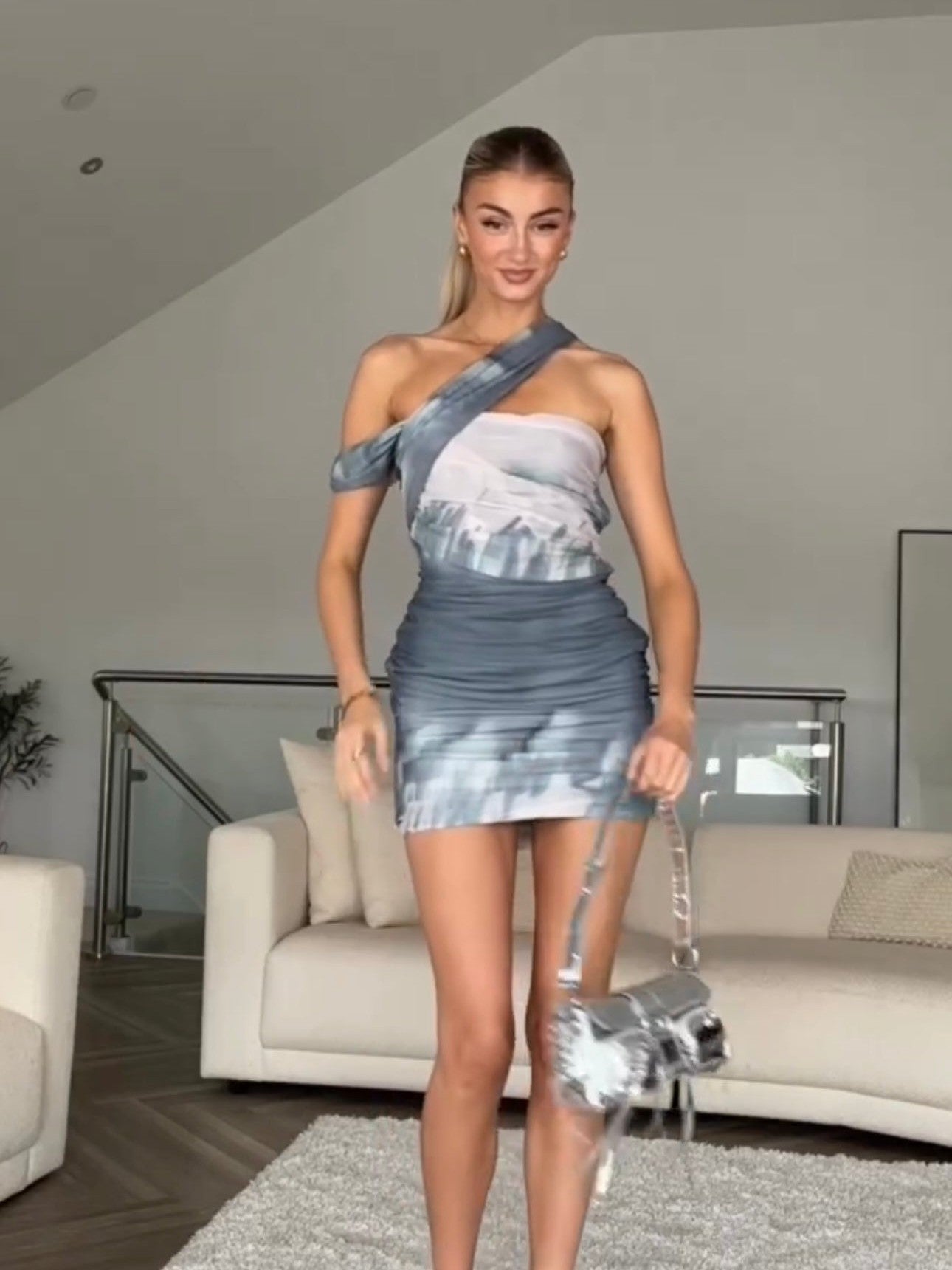 Tie Dye Print Grey Mesh Tulle Dress