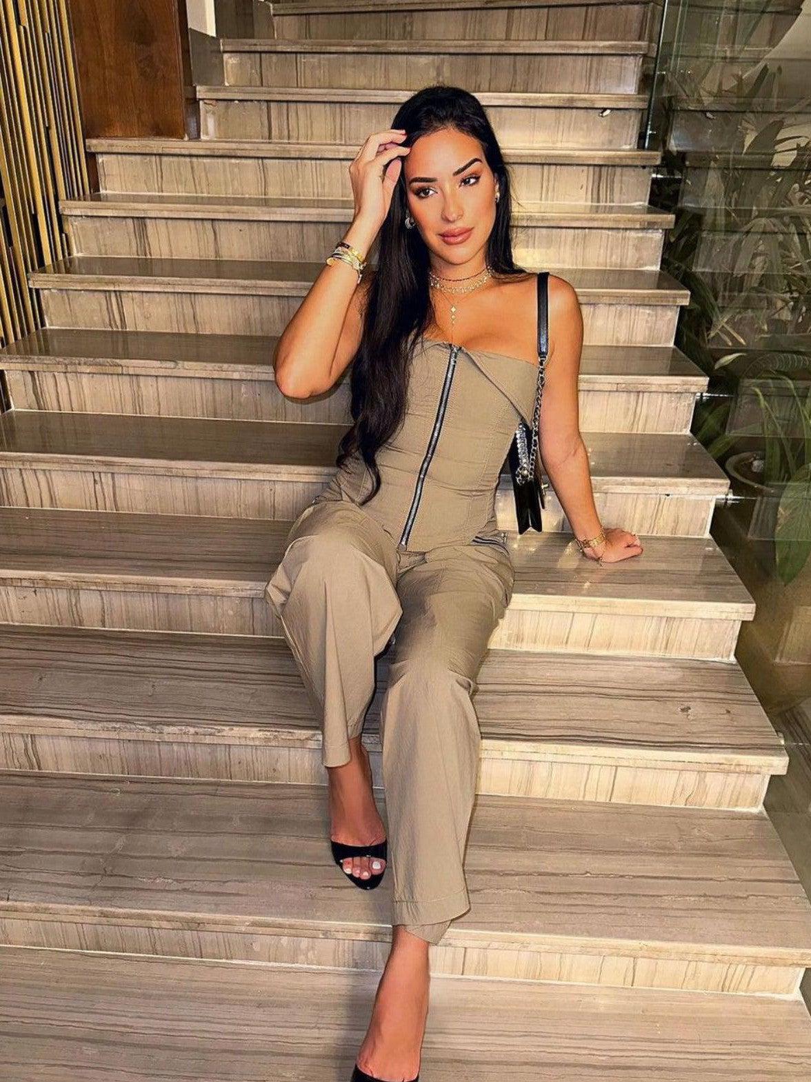 Zipper Tube Fold Top & Cargo Pants Coord Set