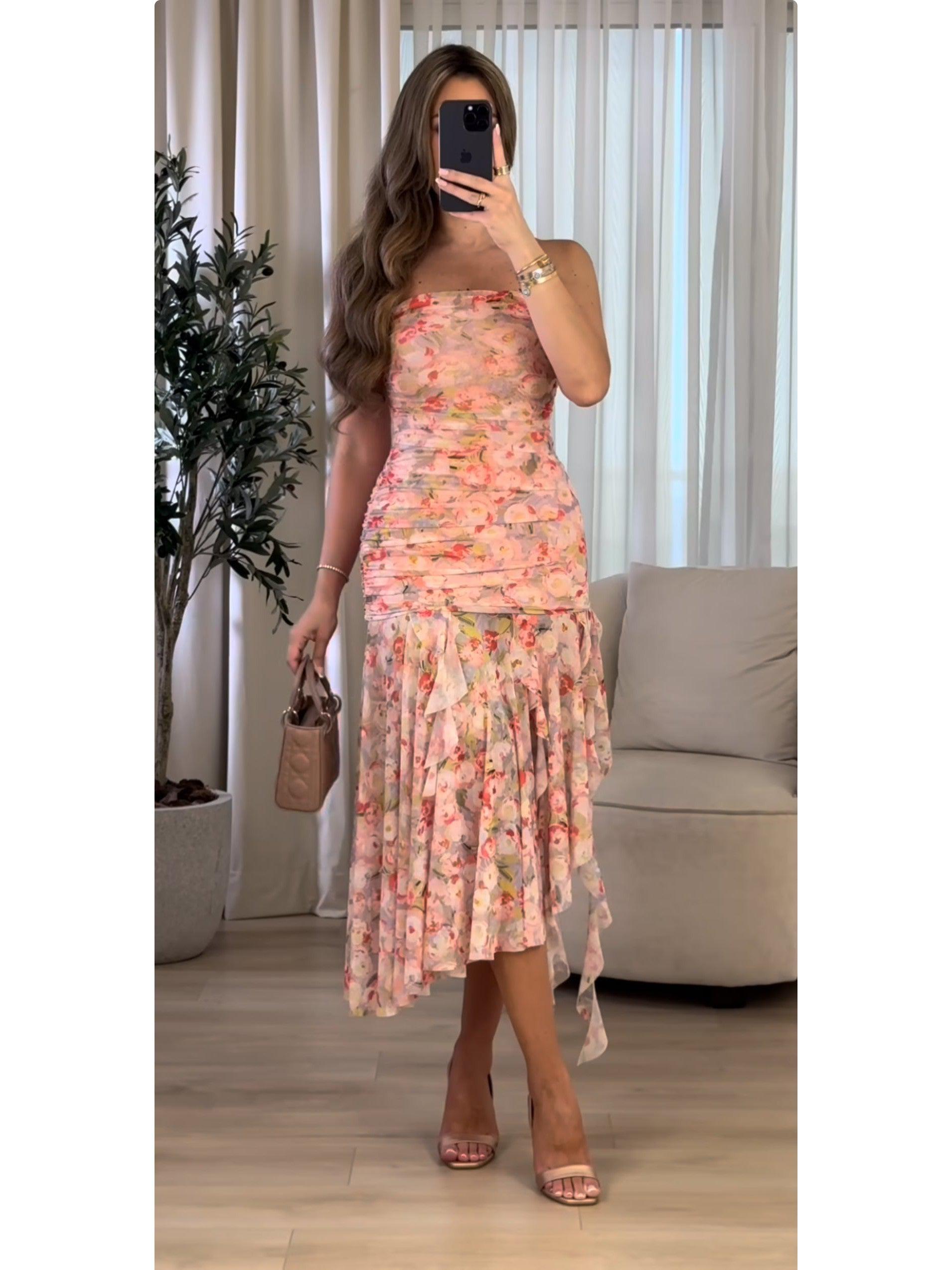Tie Dye / Floral Print Tube Frill Dress